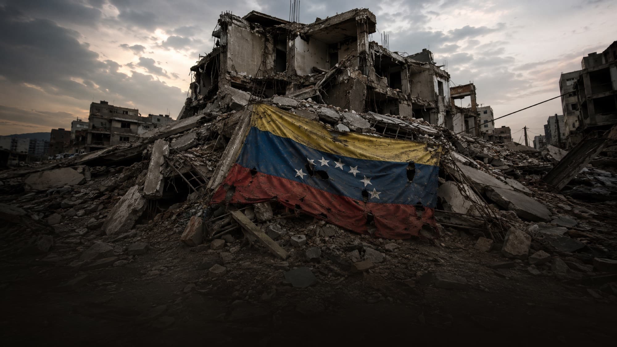 Collapsed building after an earthquake with a torn Venezuelan flag among the rubble